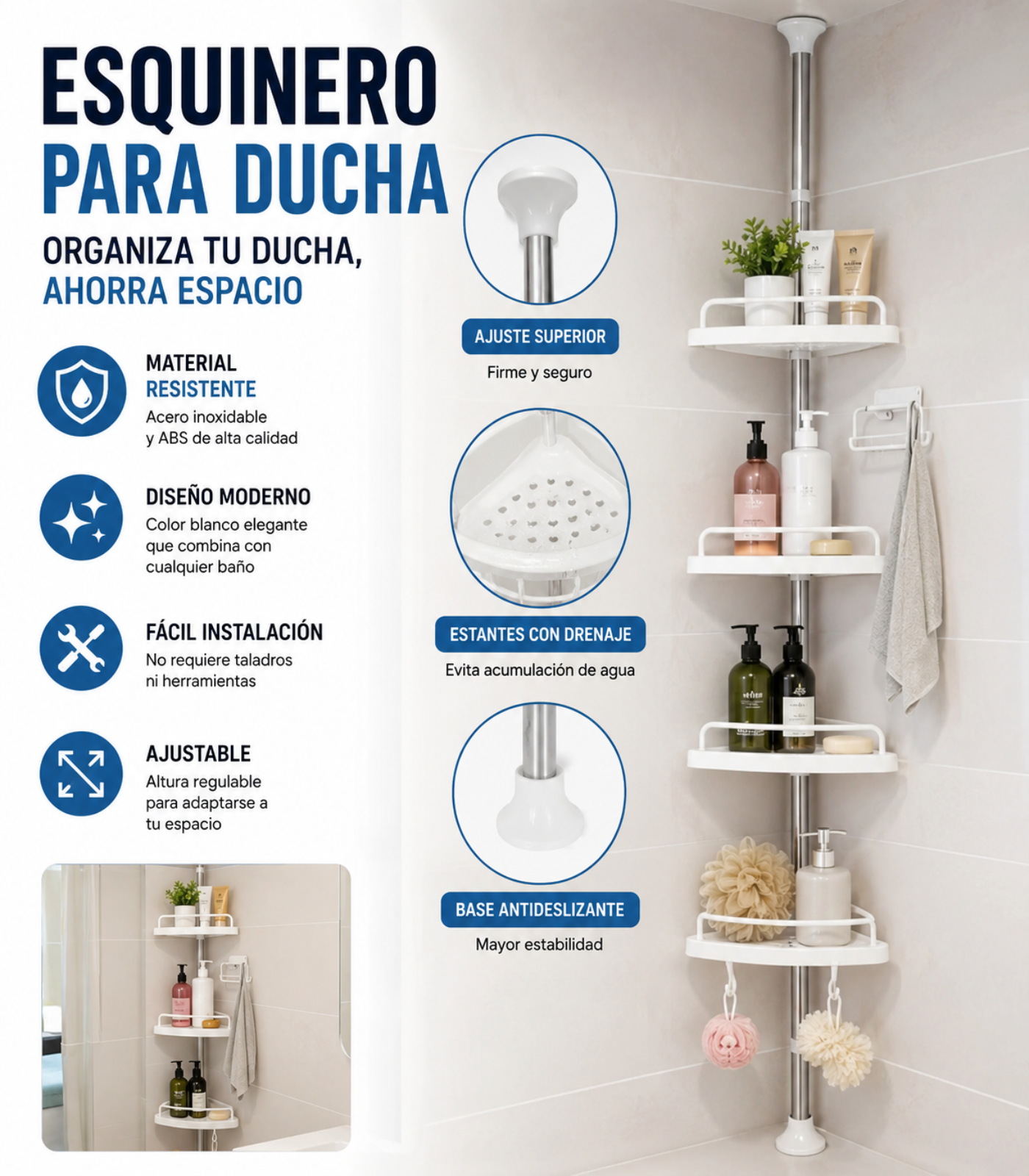 Repisa Esquinera Retractil De Baño