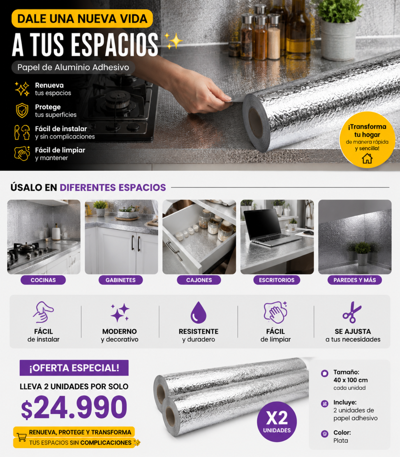 Papel de Aluminio Autoadhesivo de Cocina