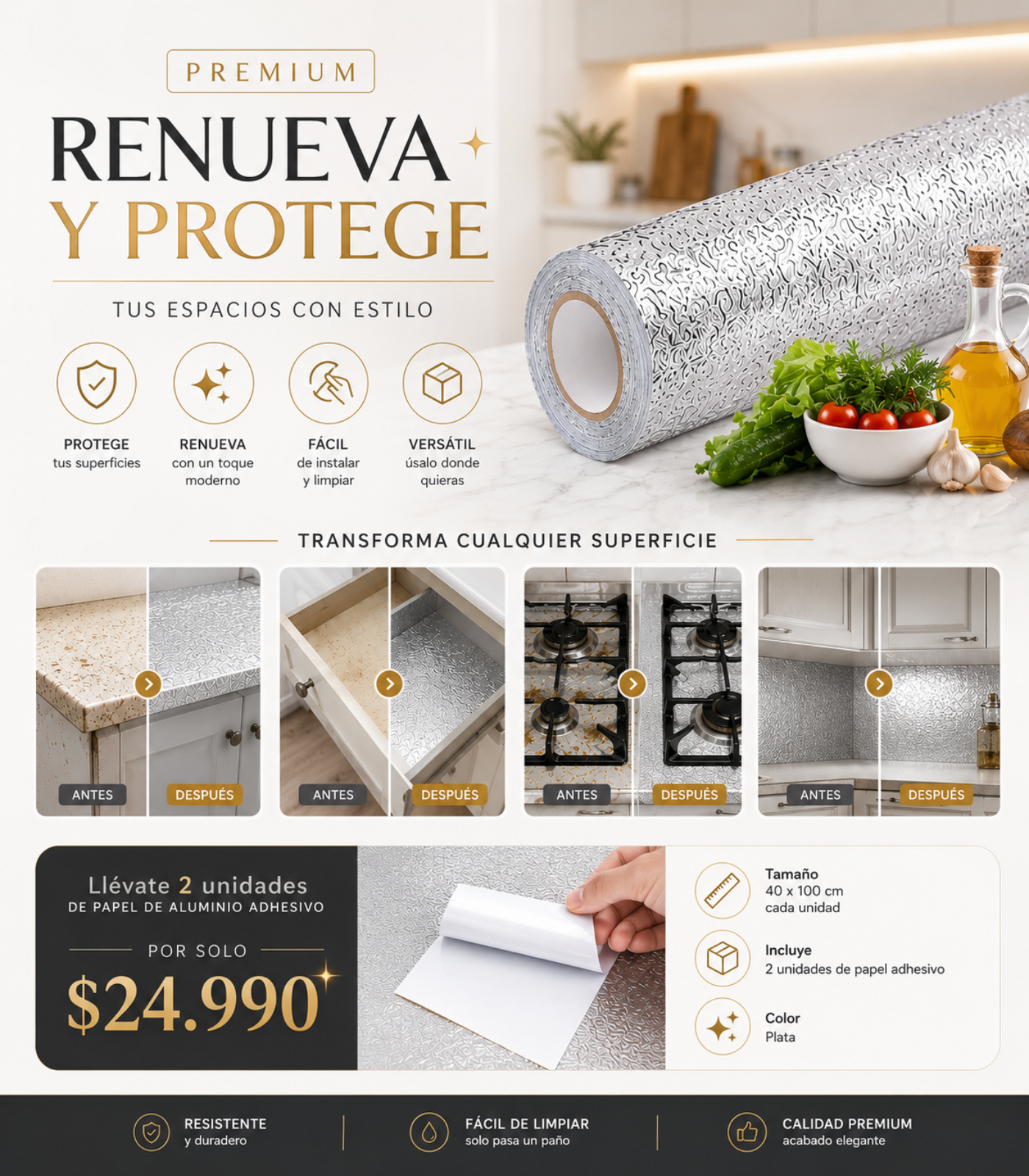 Papel de Aluminio Autoadhesivo de Cocina